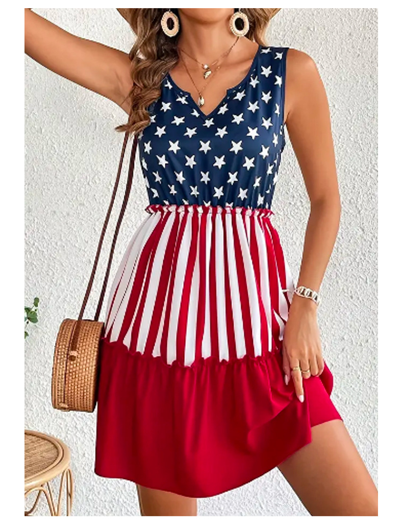 American Flag Sleeveless Mini Dress - Elegant V-neck Ruffled Hem Short Skirt